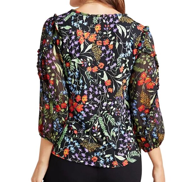 Anthropologie Maeve Jaquin Peasant Blouse Black Floral Puff Sleeve Size 1X - Picture 6 of 14